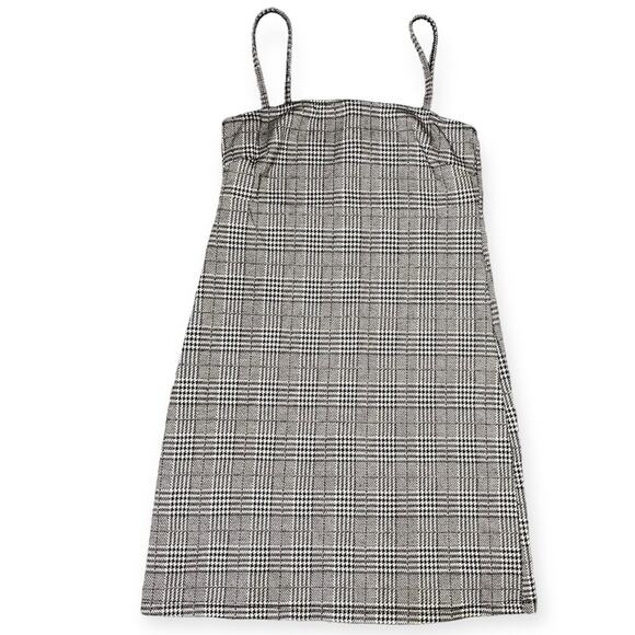 Popular Basics Plaid Bodycon Mini Dress Black Gray Size Medium Spaghetti Strap - Picture 1 of 11